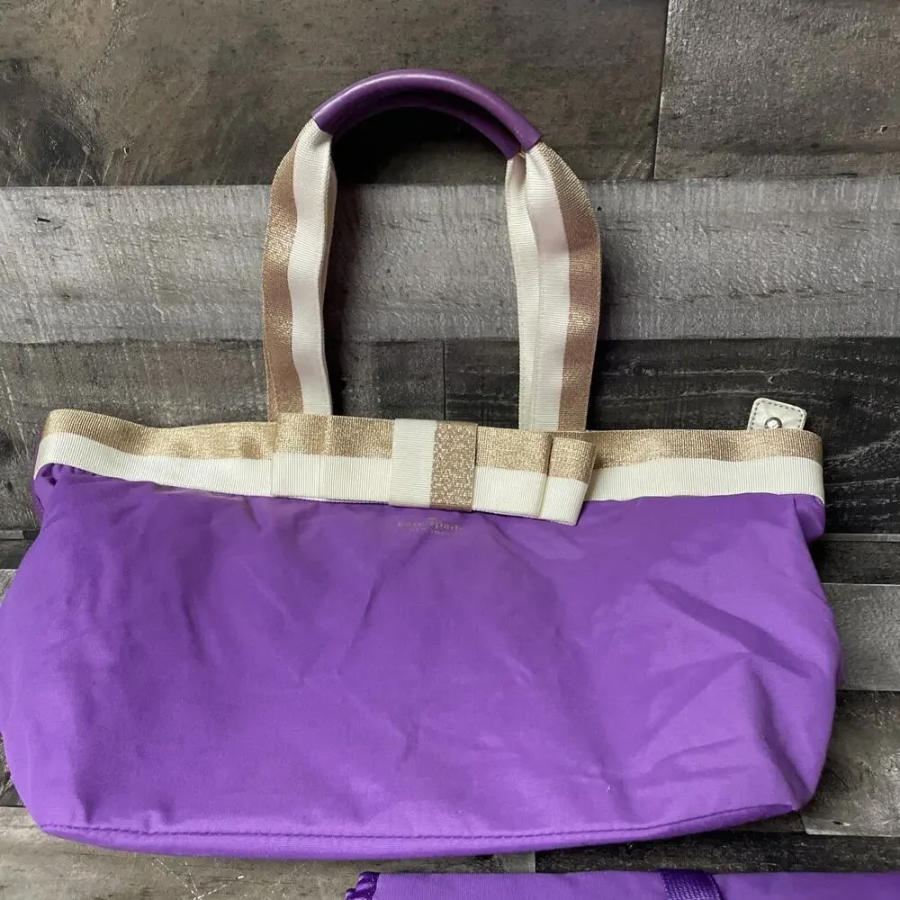 KATE SPADE Barrow Street Bon Nylon Shopper Tote Purse- Violet/Cream/Gold w/ Bow